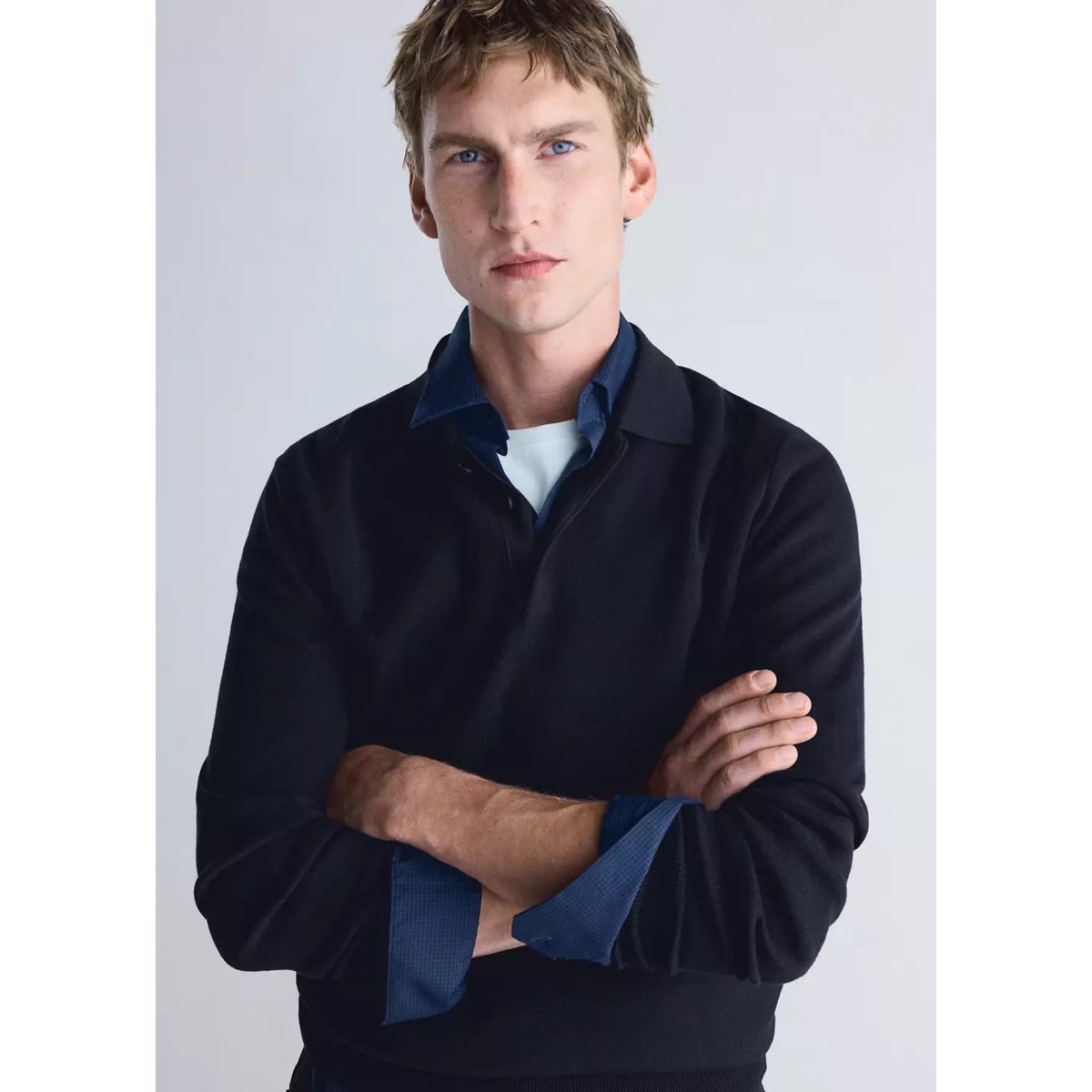 Polo en jersey de maille fine bleu marine, MANGO MAN