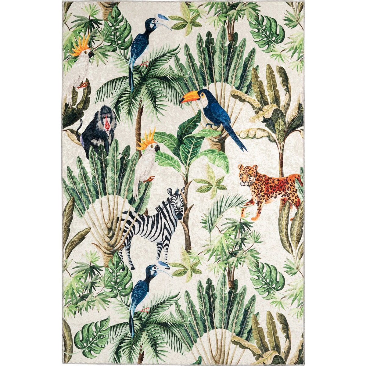 Tapis rectangulaire jacquard, Motif jungle multicolore jungle tropical sur fond beige, ARTE ESPINA
