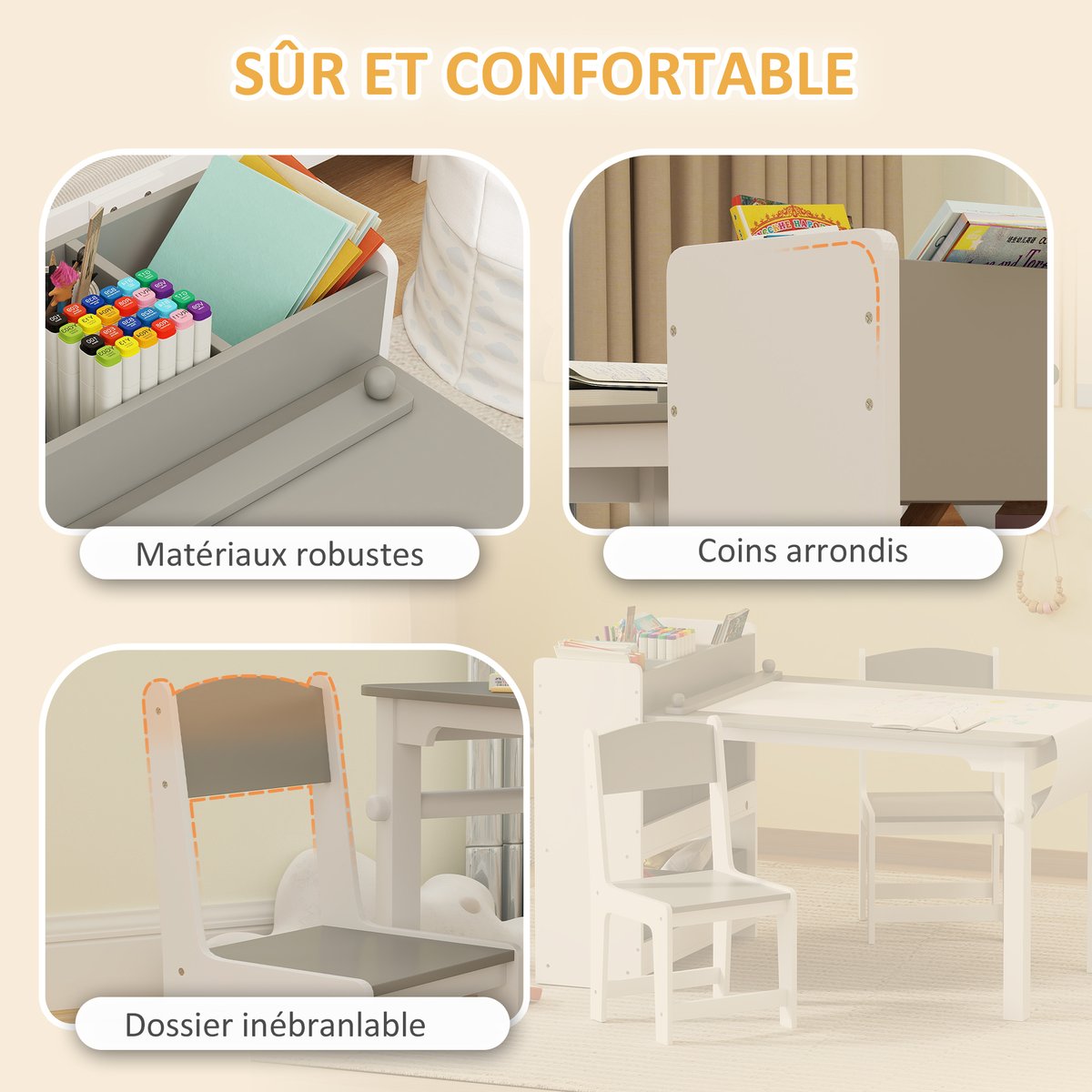 Ensemble table et chaises pour enfants MDF gris, blanc, AIYAPLAY