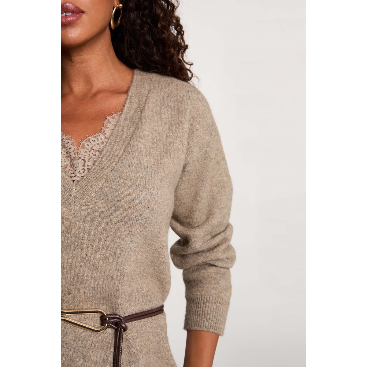 Robe tricot col v taupe, MORGAN
