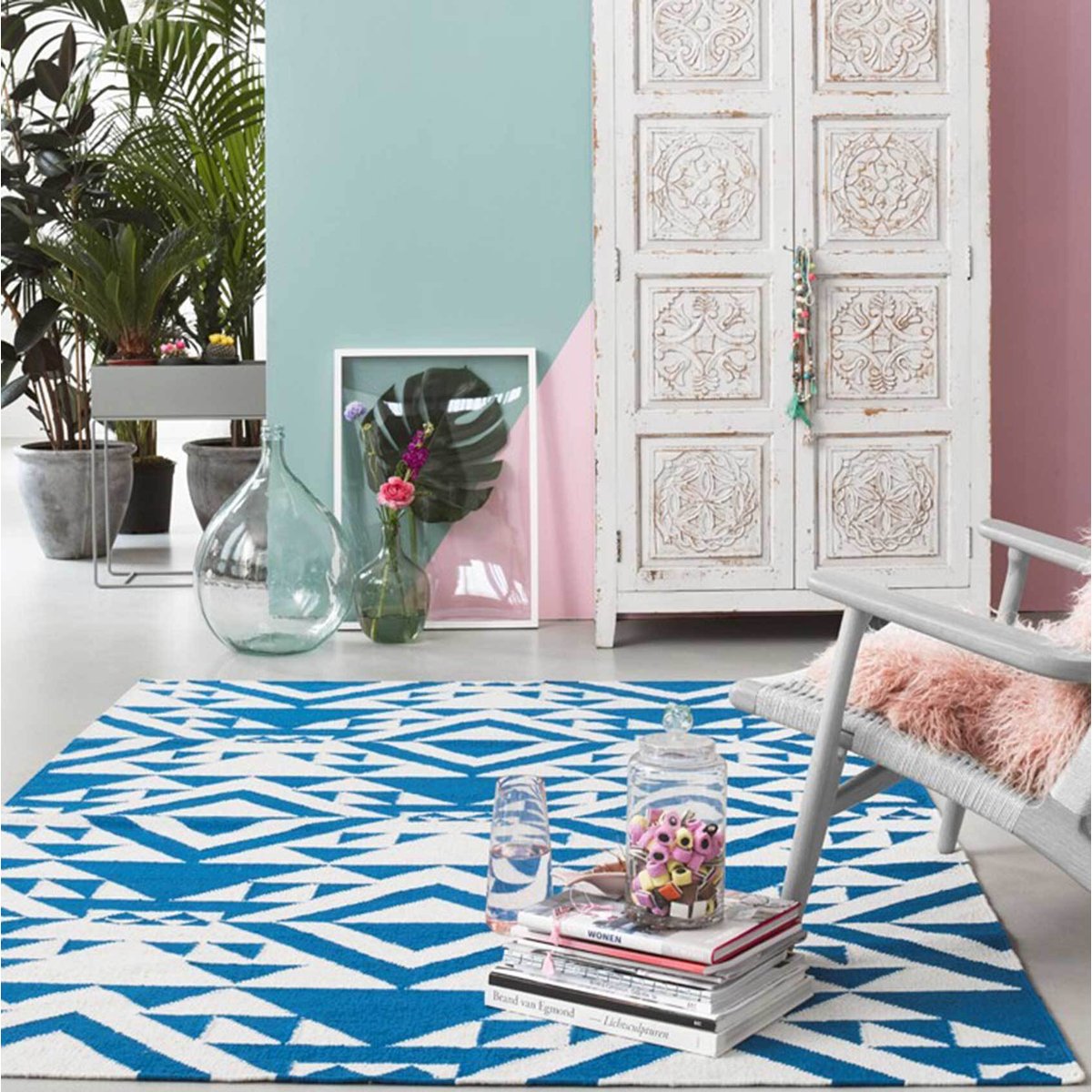Tapis en laine, tissé main, motif ethnique ,  BLUE MELLOW bleu, ACCESSORIZE