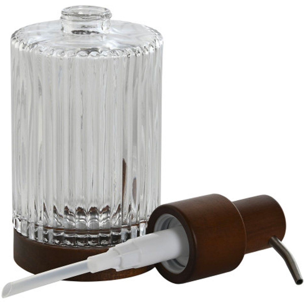 Distributeur de savon en verre strié et bois d'acacia 8x8x18.5cm transparent, WADIGA