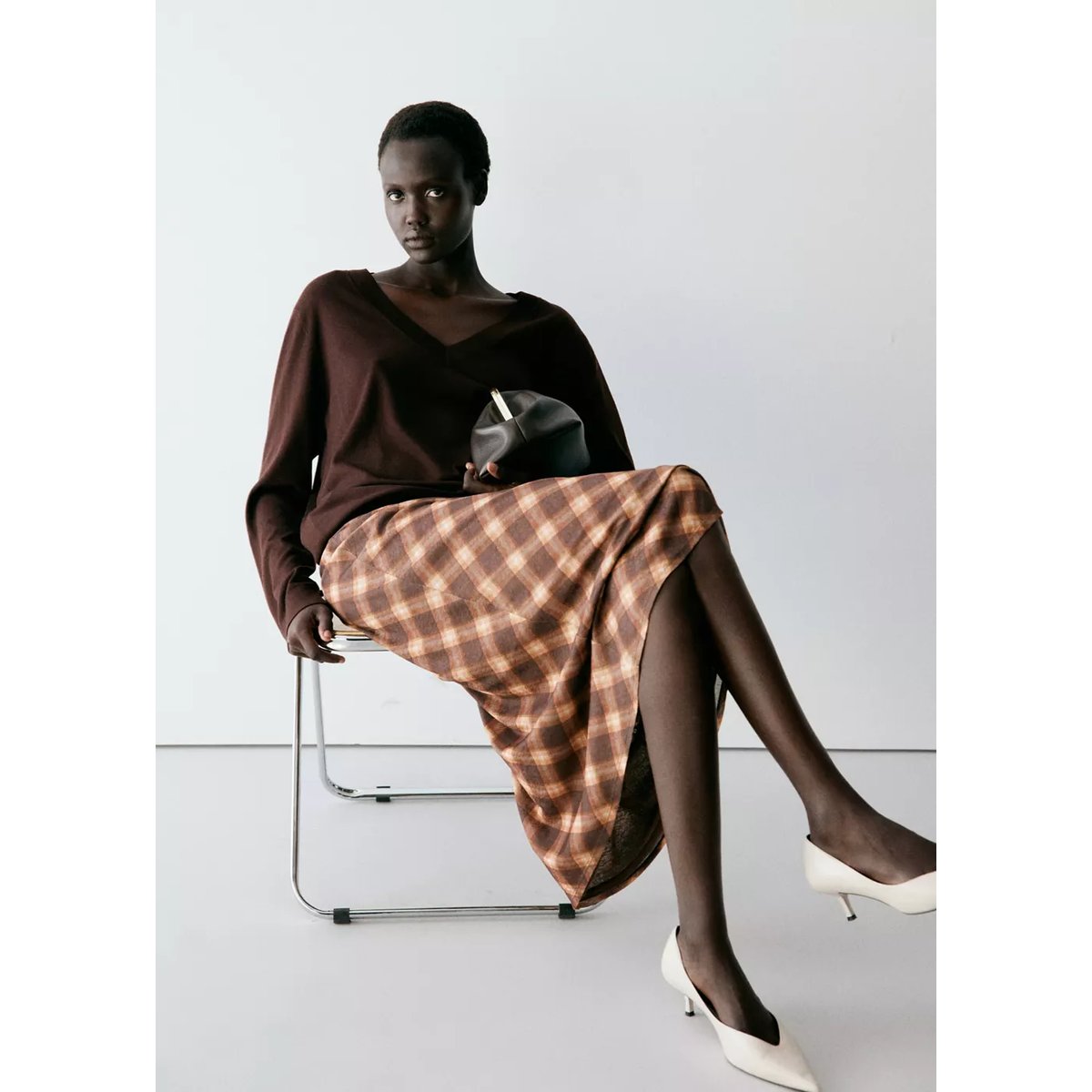 Jupe midi carreaux marron, MANGO