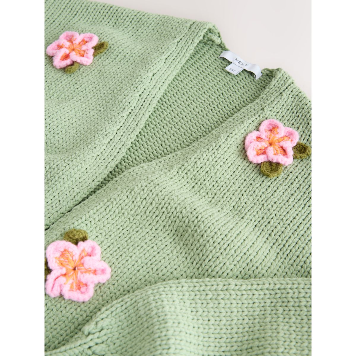 Cardigan en maille épaisse de coton mélangé fleurs roses 3d vert menthe, NEXT