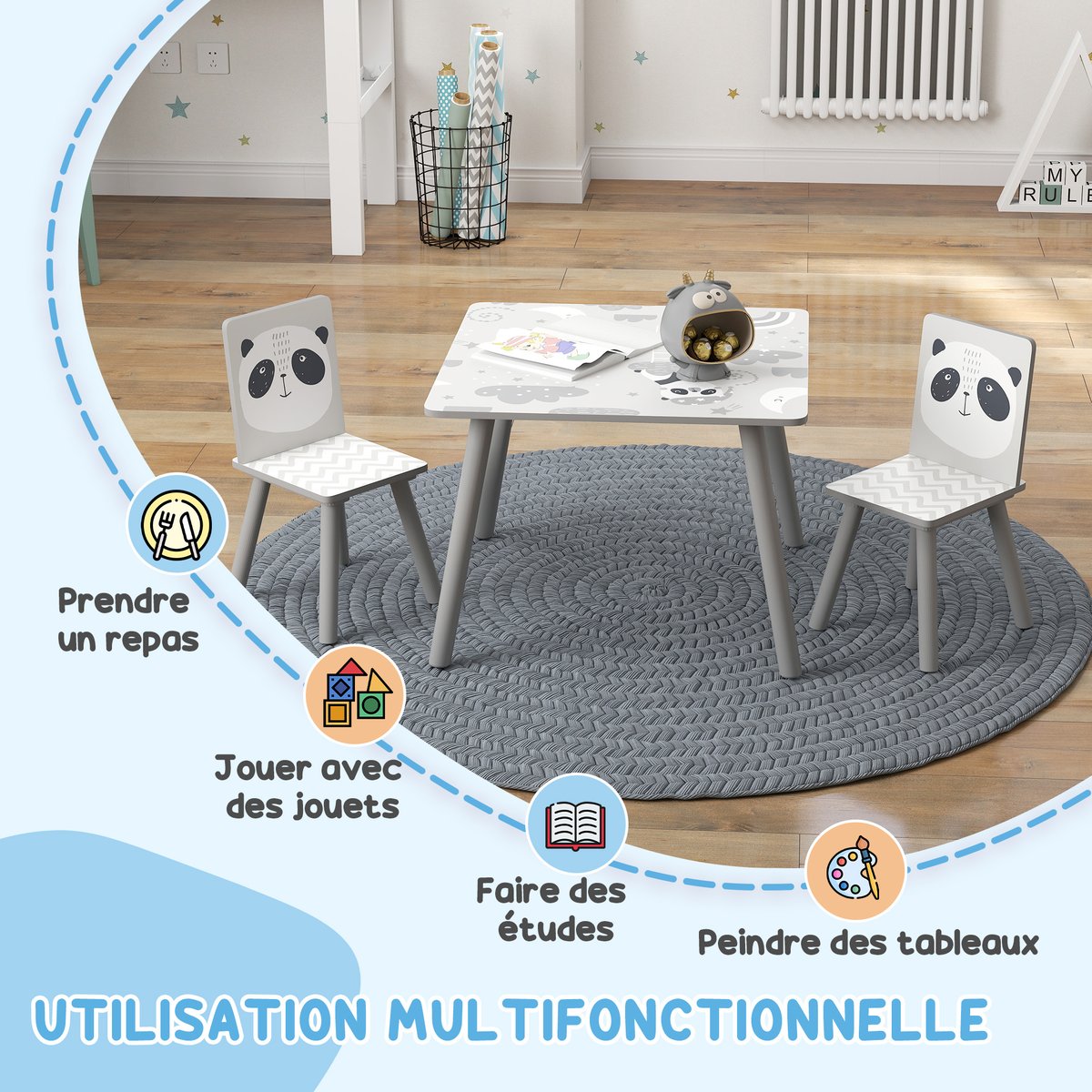 Ensemble table et chaises pour enfants MDF gris, blanc, motif panda, ZONEKIZ