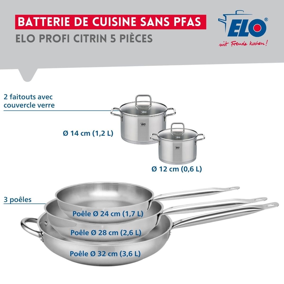 Batterie 3 poêles 24/28/32cm + 2 faitouts 12/14cm PROFI CITRIN gris, ELO