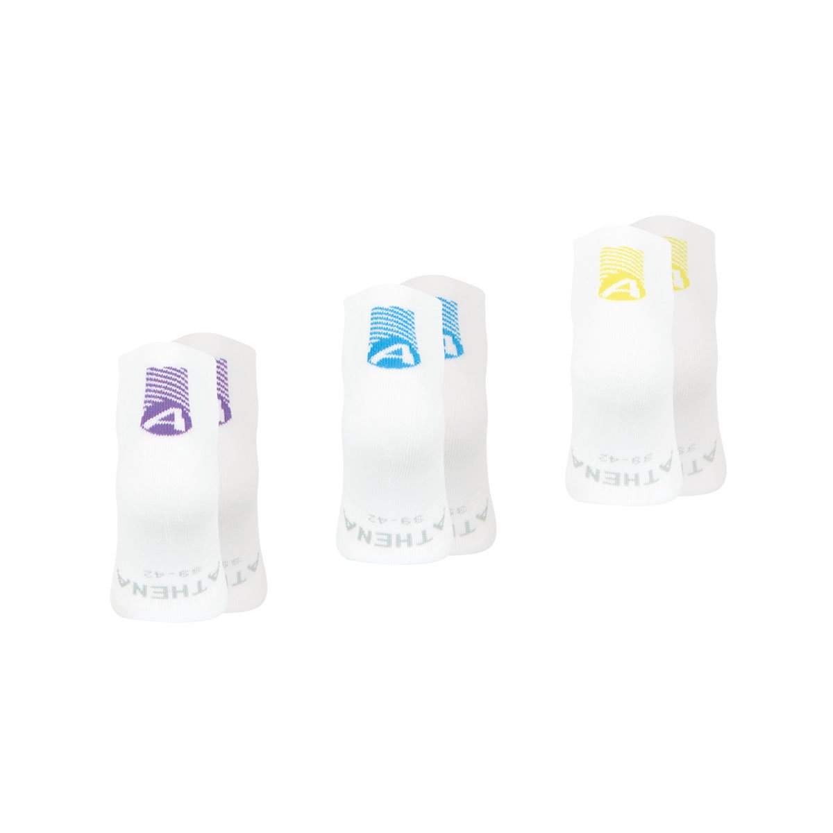Socquettes, lot de 3 paires, TRAINING DRY blanc et jaune-blanc et bleu-blanc et violet, ATHENA