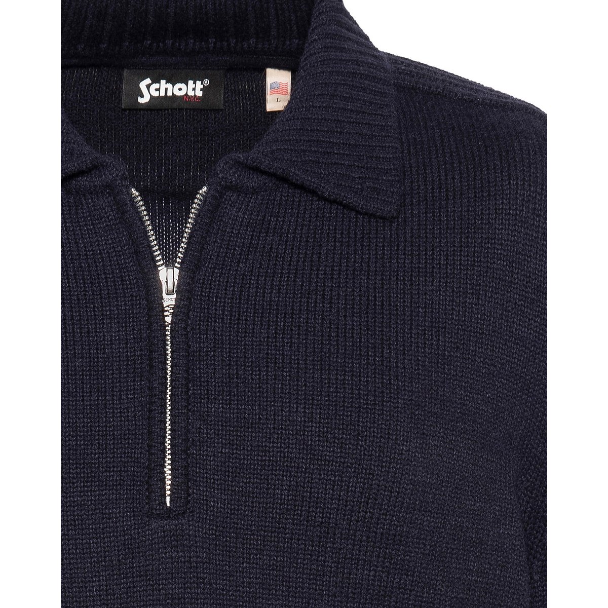 Pull col polo zippé maille fantaisie bleu marine, SCHOTT