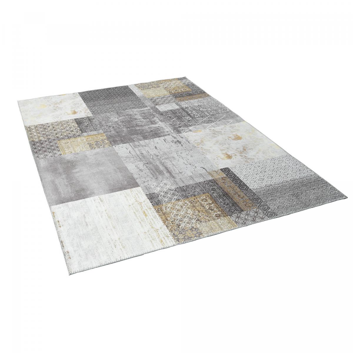 Tapis salon et chambre tissé en coton motif damier CARRAL gris, or, UN AMOUR DE TAPIS