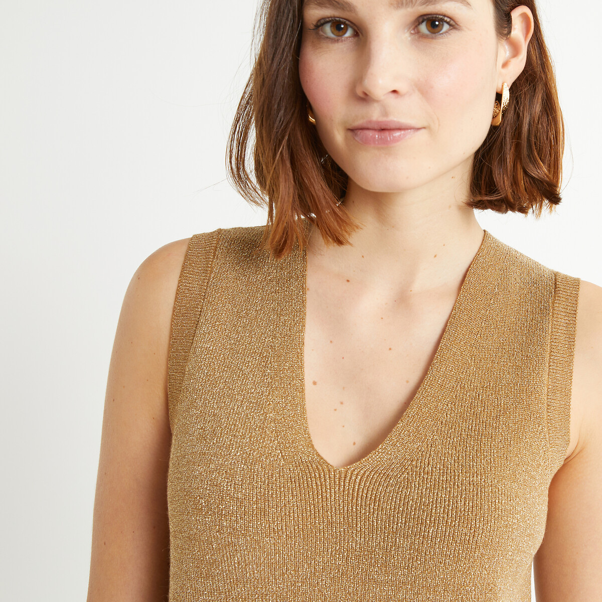 T-shirt met V-hals zonder mouwen beige pailletten, ANNE WEYBURN