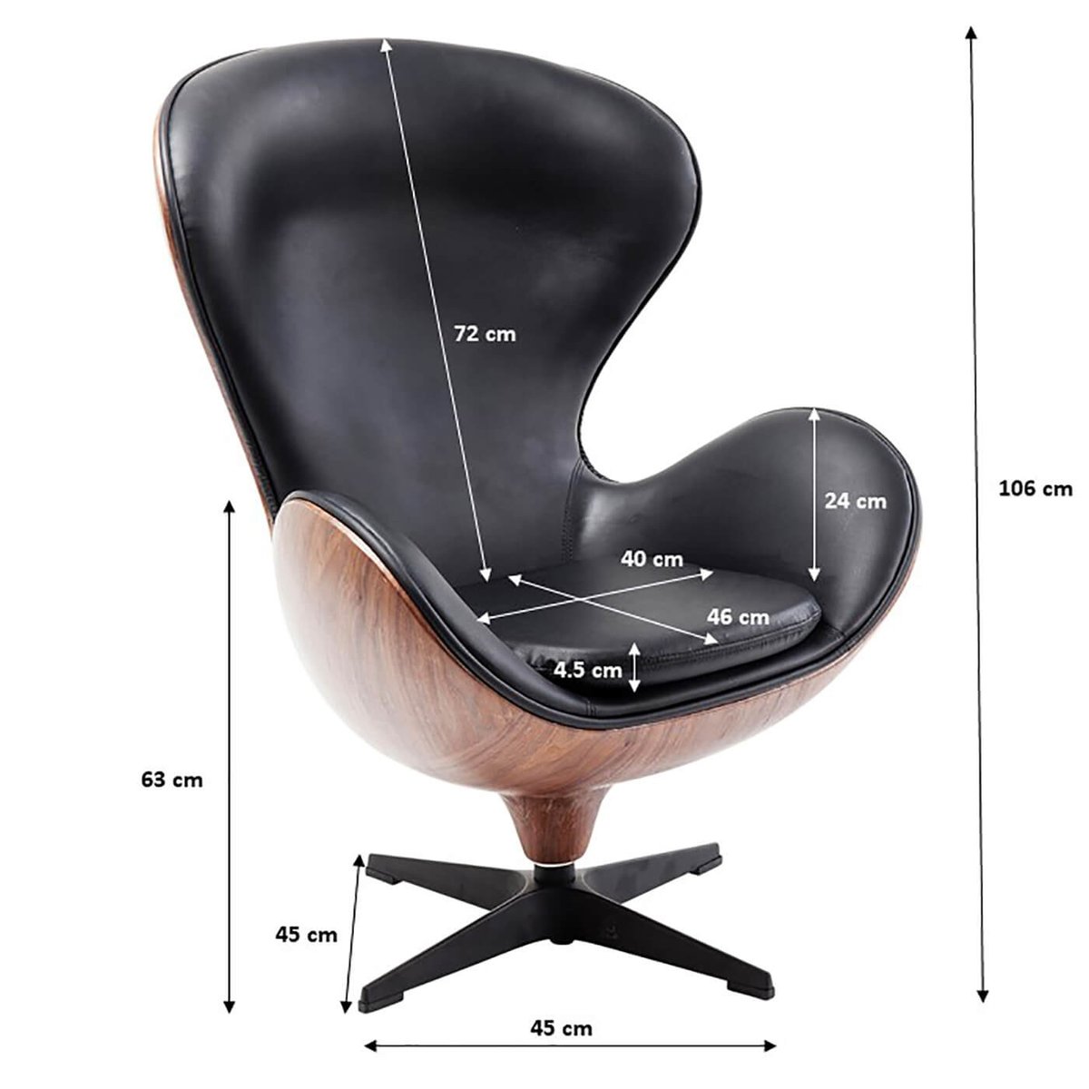 Fauteuil pivotant en simili et noyer, LOUNGE noir, KARE DESIGN
