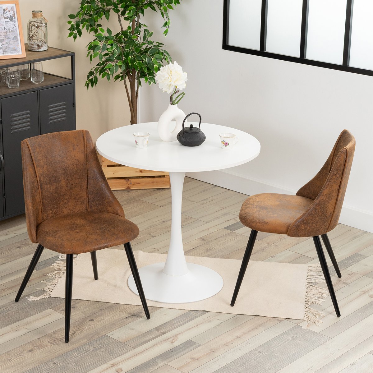 Ensemble table à manger ronde avec 2 chaises, CLIFTWHITESET brown, MEUBLES COSY