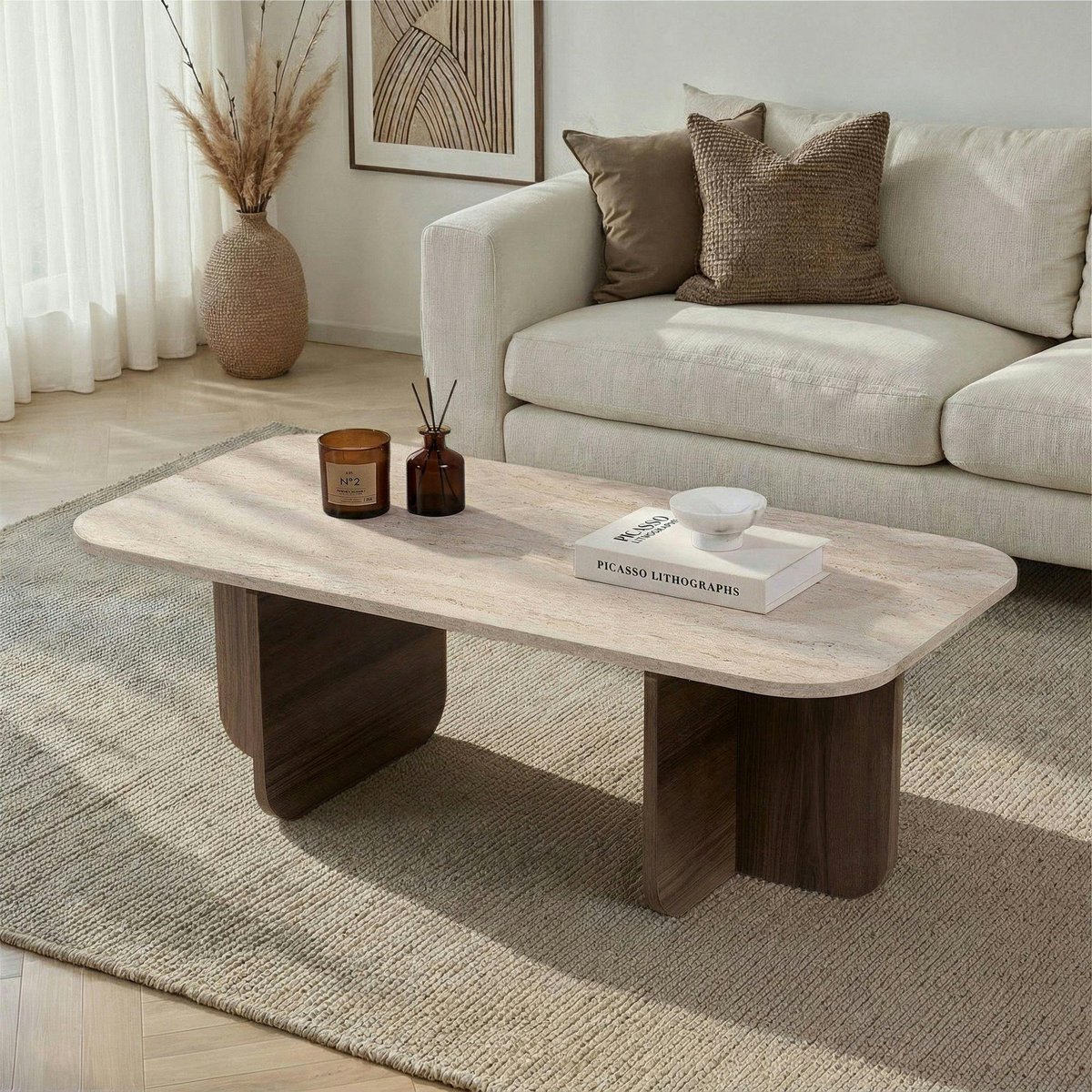 Table basse design organique décor travertin et noyer MARFA beige, PIER IMPORT