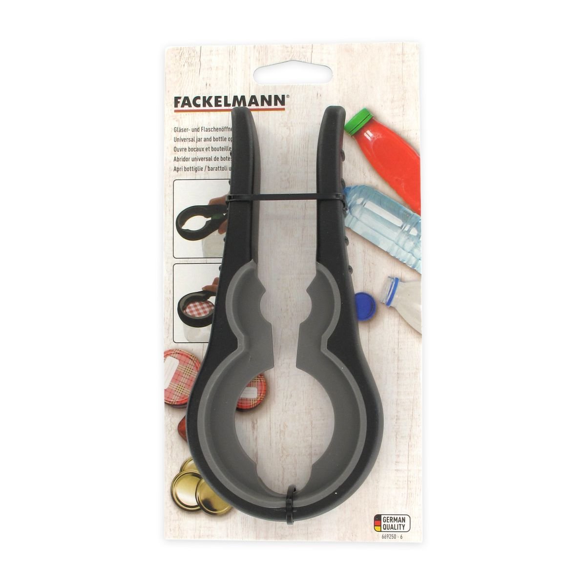 Ouvre bocal et bouteilles universel noir,blanc, FACKELMANN