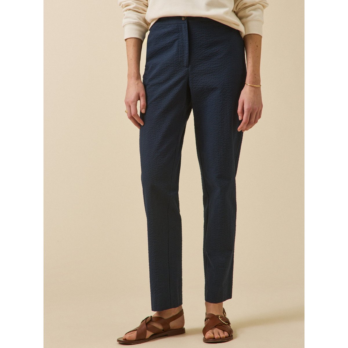 Pantalon cigarette seersucker Julie marine, CYRILLUS