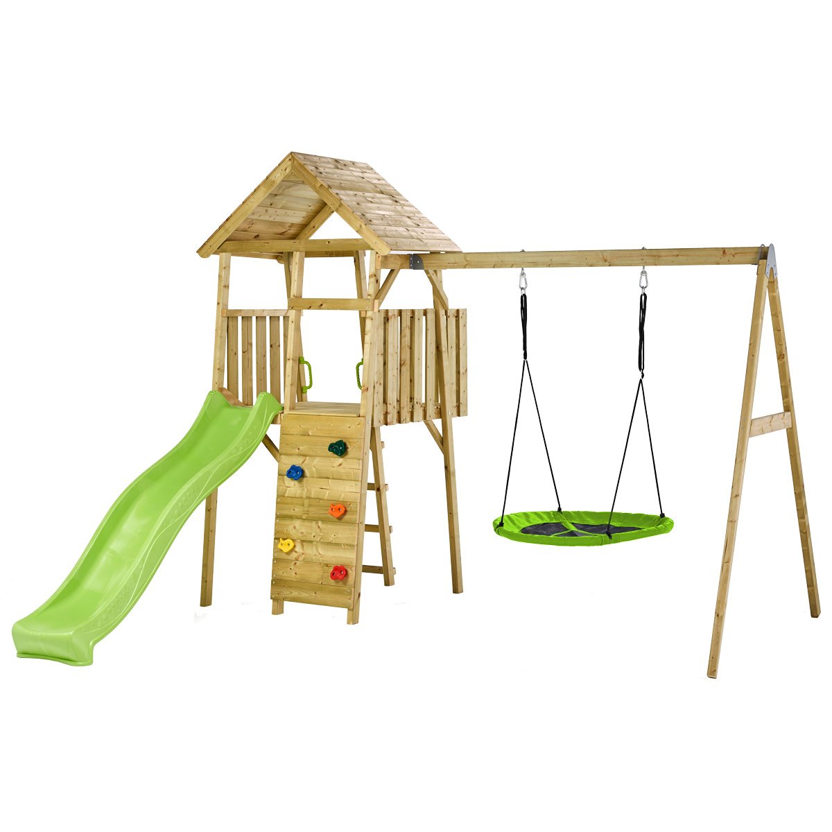 Aire de jeux bois, 2 balançoires, nid, toboggan, escalade, cabane WOODI marron, KANGUI