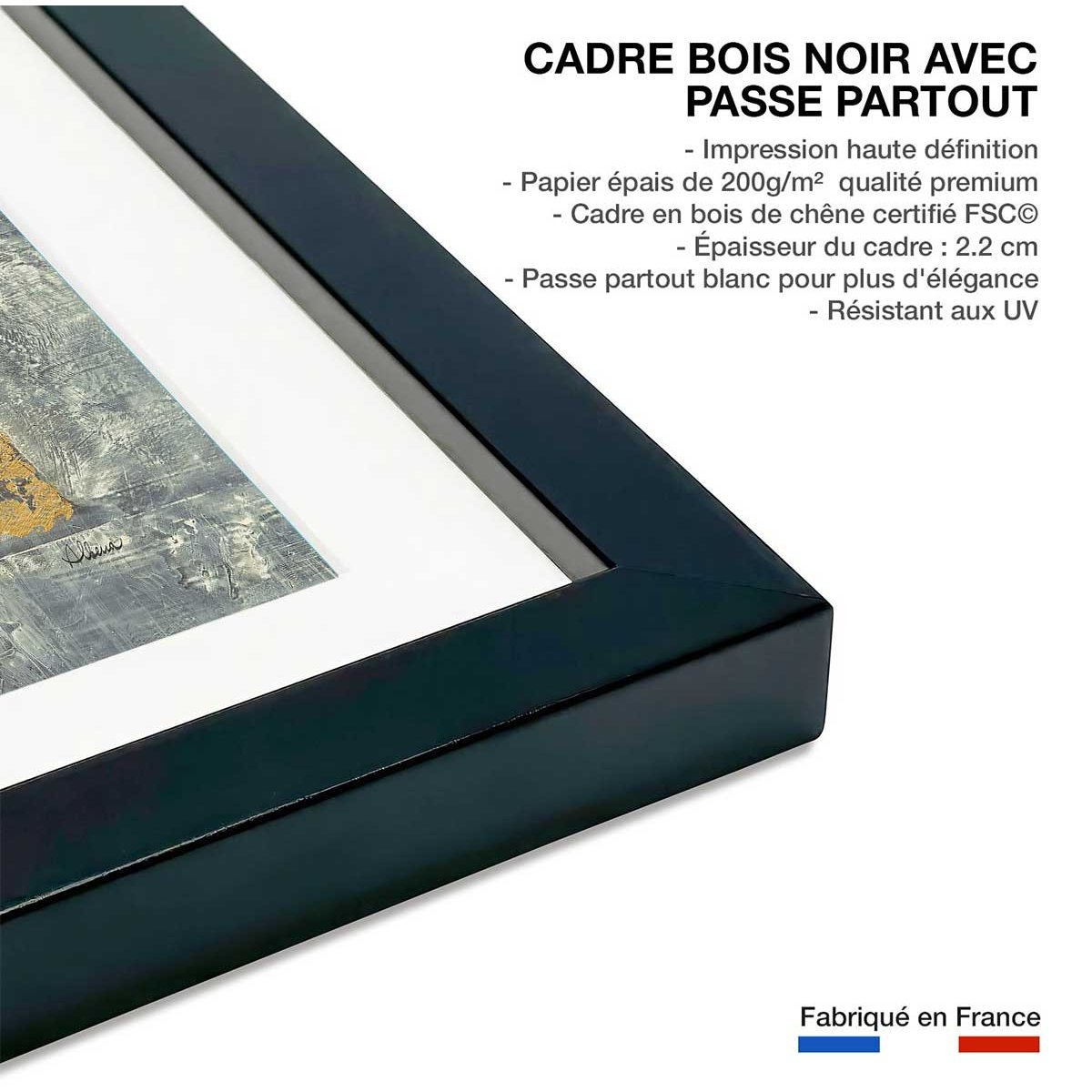 Affiche Abstrait d'or et de blanc affiche + cadre en bois - noir, HEXOA