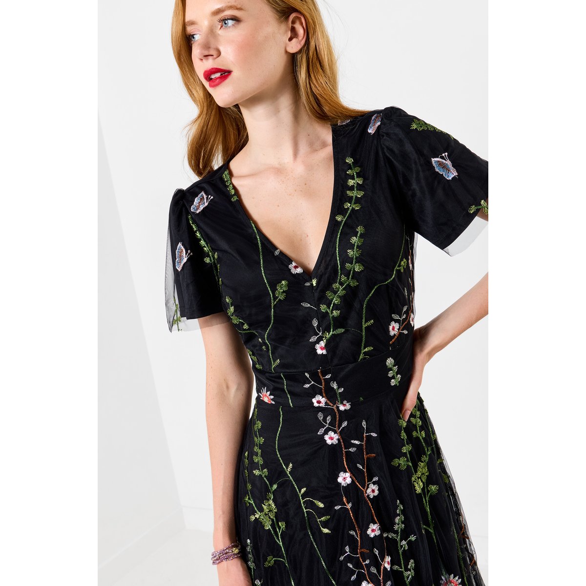 Robe Longue Brodée Fleurs Spectaculaires noir, JOE BROWNS