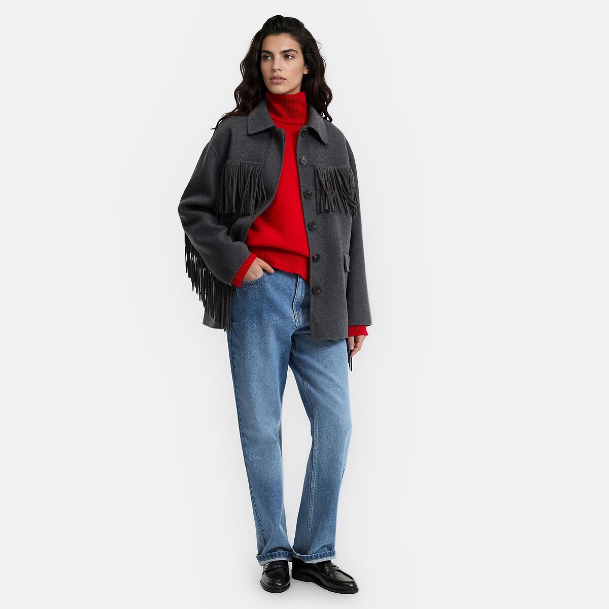 Cappotto con frange in misto lana antracite, LA REDOUTE COLLECTIONS