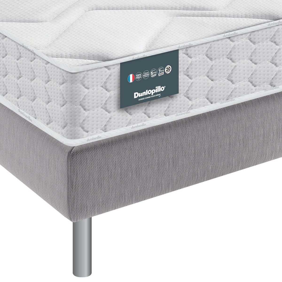 Matelas Aérial® 20cm, sommier pieds JONQUILLE blanc, DUNLOPILLO