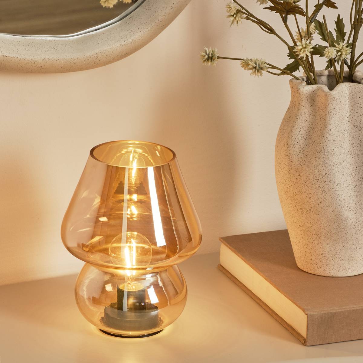 Lampe champignon verre LED à pile CARA orange, ATMOSPHERA