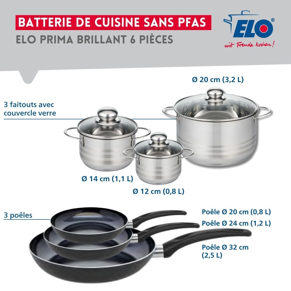 3 poêles 20/24/32cm + 3 faitouts 12/14/20cm PRIMA BRILLANT noir, ELO