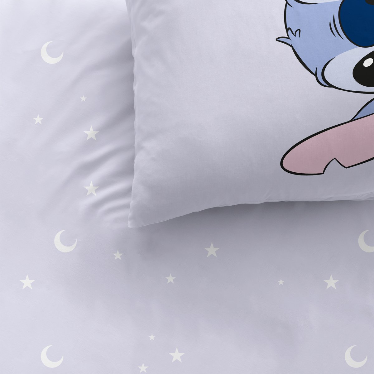 Parure de lit imprimée + drap housse 100% coton, HAPPY violet, DISNEY STITCH