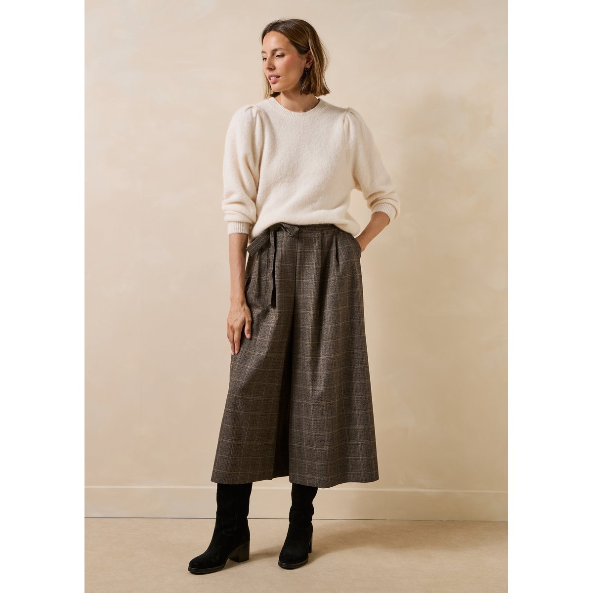 Pantalon jupe culotte 7/8ème à carreaux marron, LA FEE MARABOUTEE