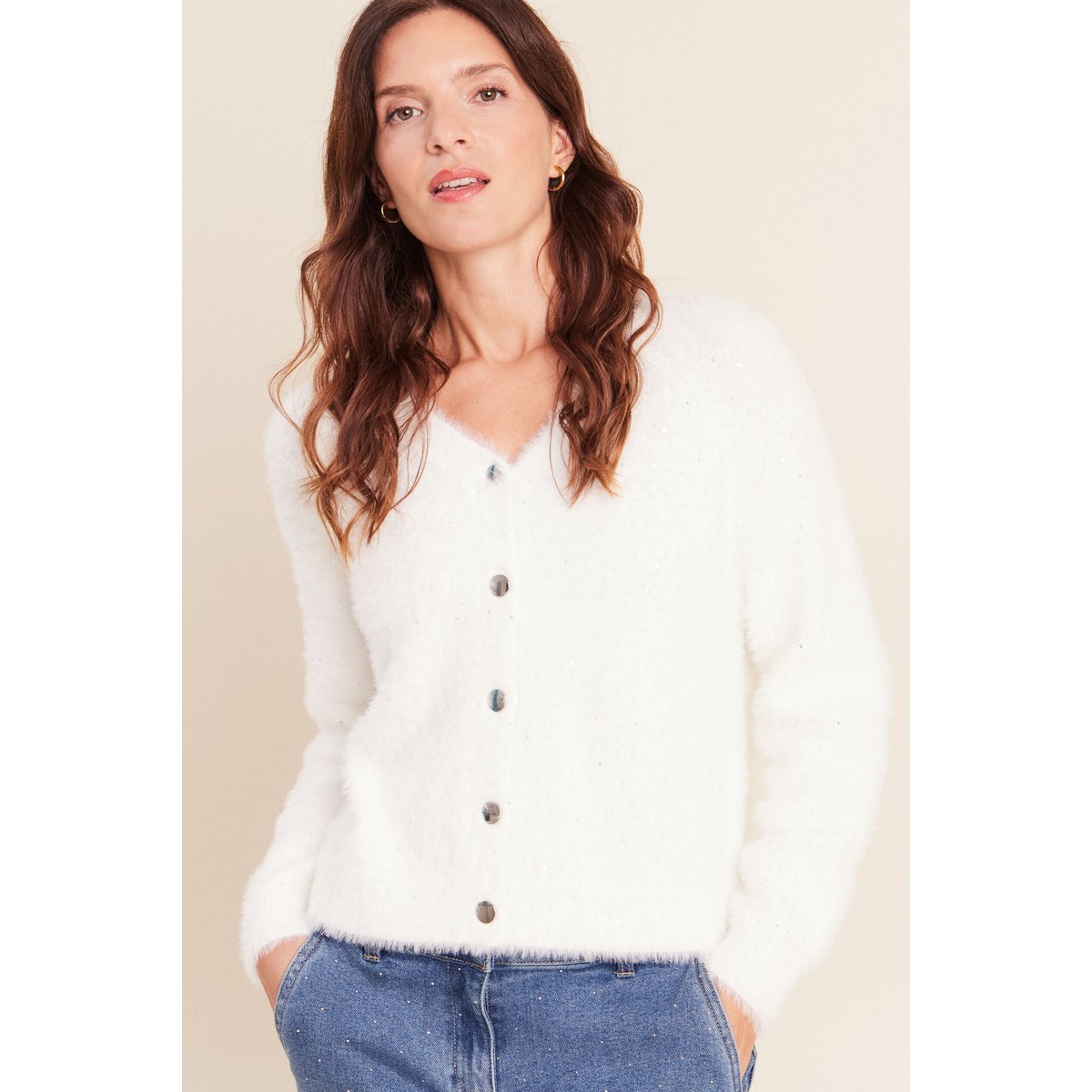 Gilet col rond à sequins ecru, BREAL