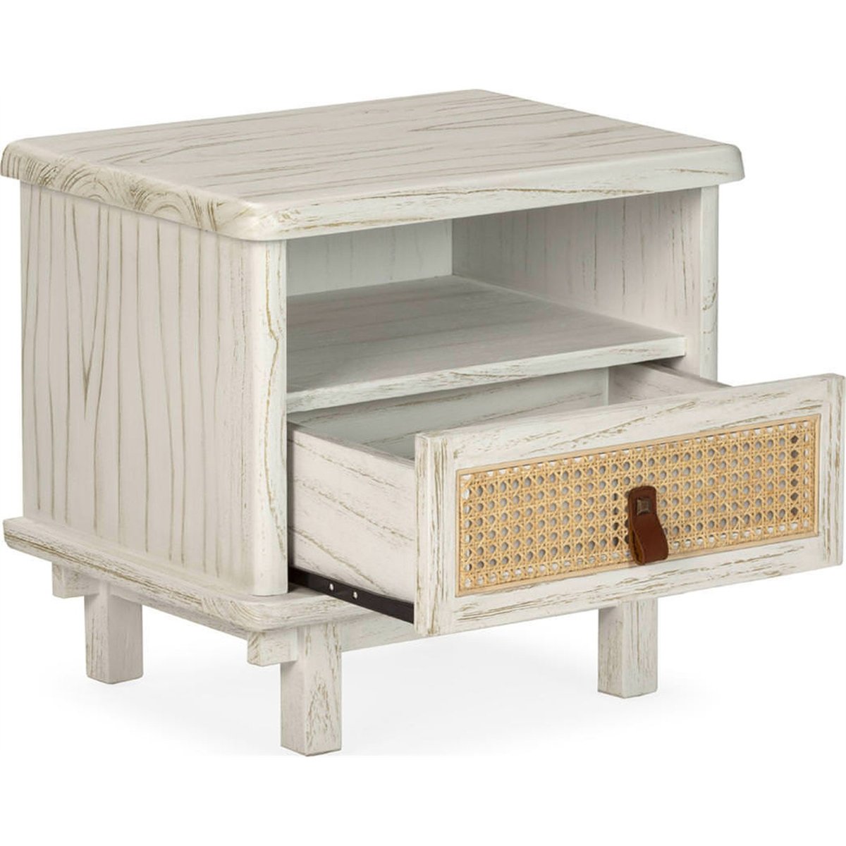 Table de chevet en cèdre et rotin blanc lavage doré naturel, RECOLLECTION