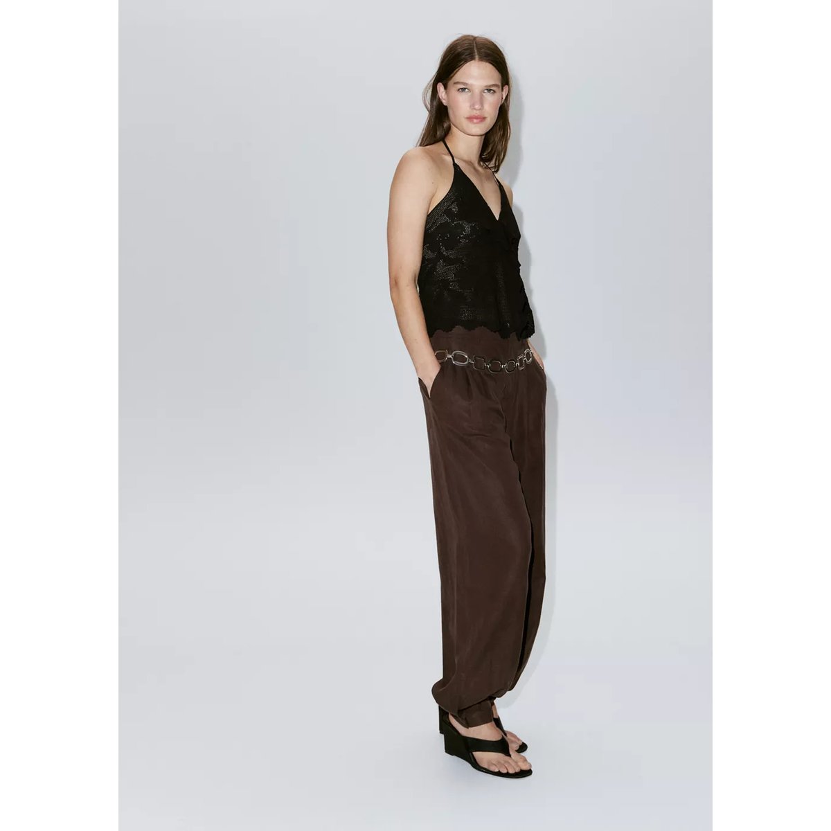 Top halter maille brodée noir, MANGO