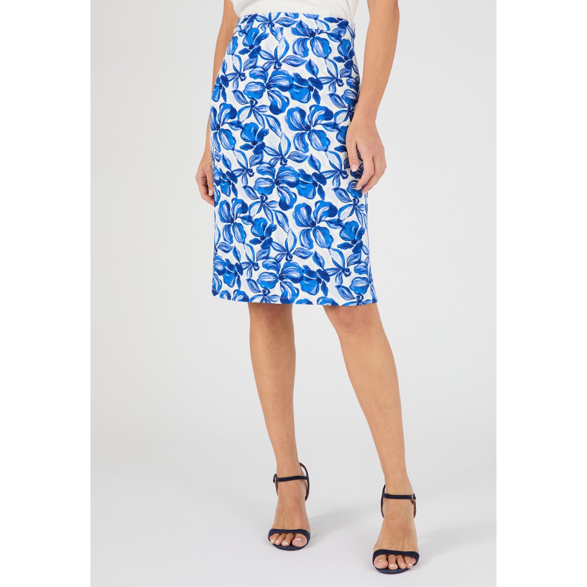 Jupe droite enfilable maille gaufrée bleu grandes fleurs, DAMART