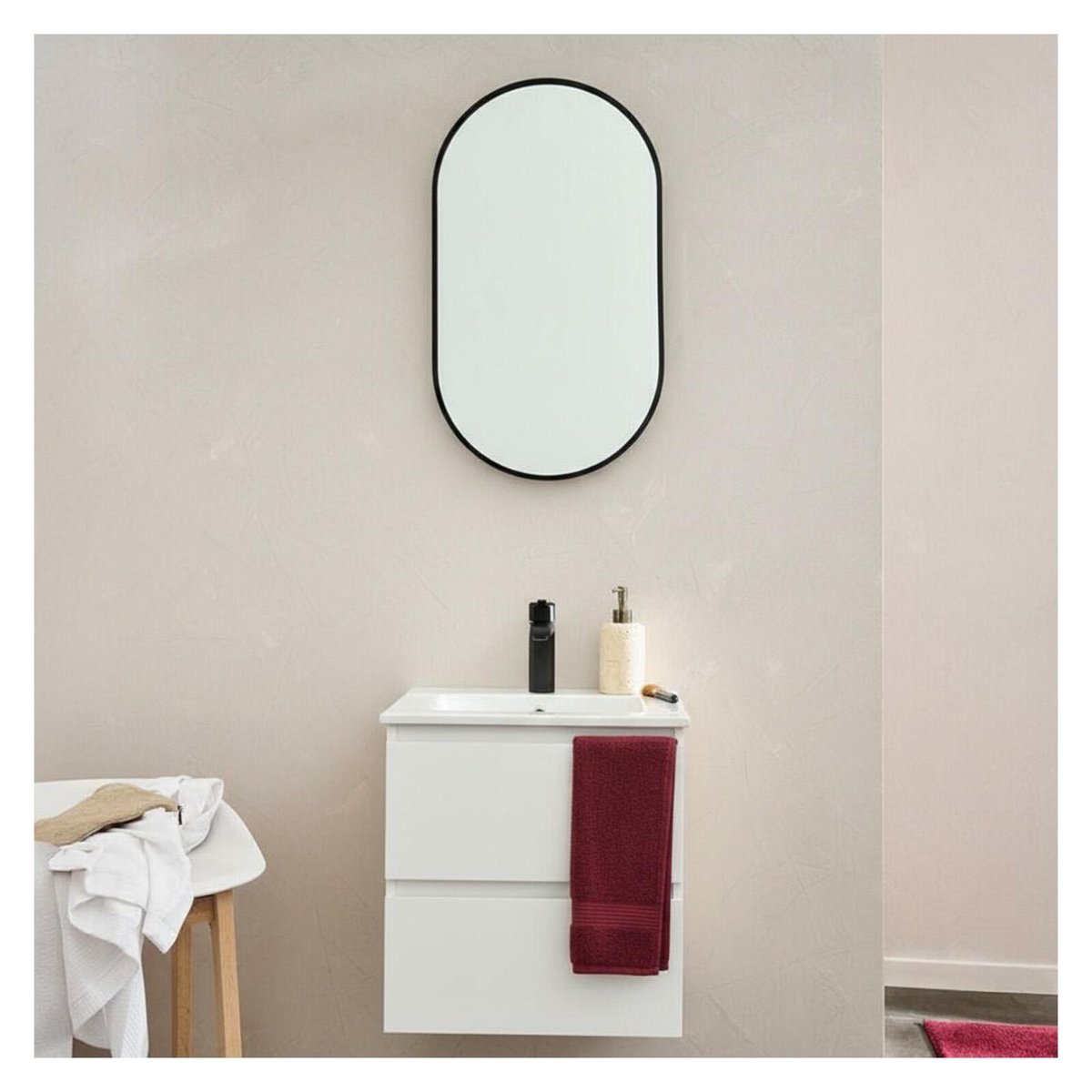 Meuble vasque 45cm robinet noir et miroir SORRENTO blanc satiné, MOB IN