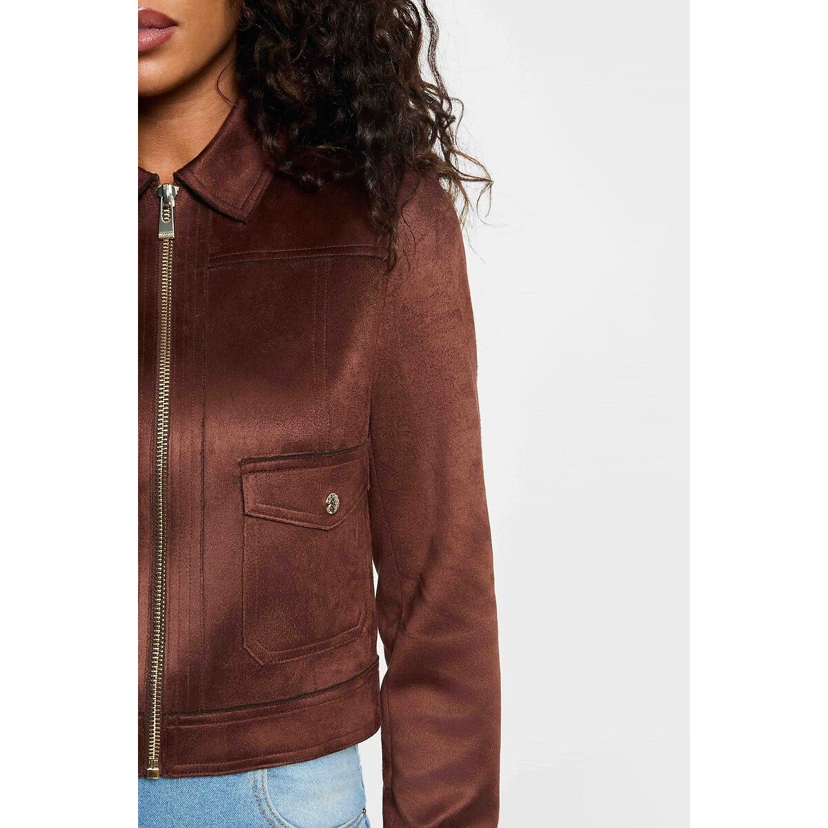 Blouson court en suédine marron foncé, MORGAN