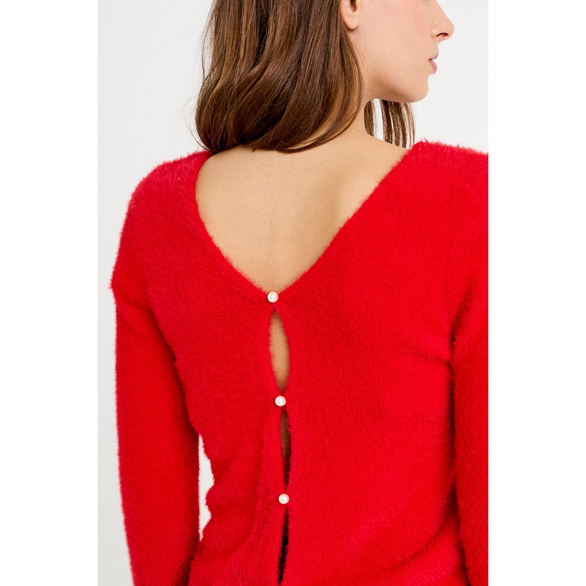 Pull col v manches longues perles rouge, CACHE CACHE