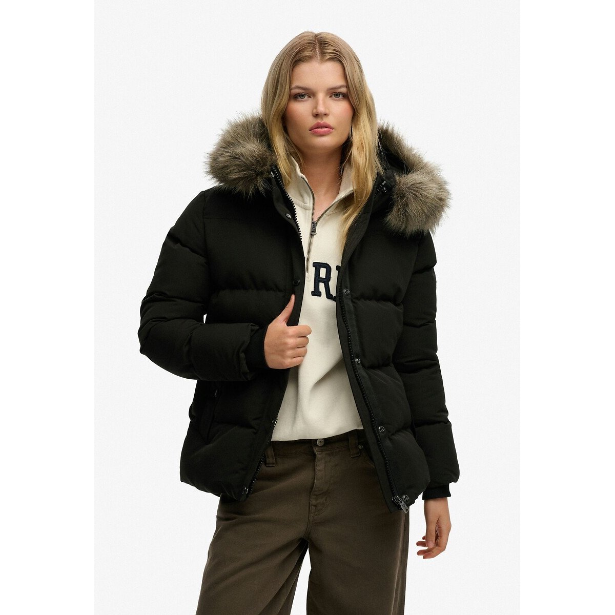 Doudoune courte à capuche en imitation fourrure noir, SUPERDRY