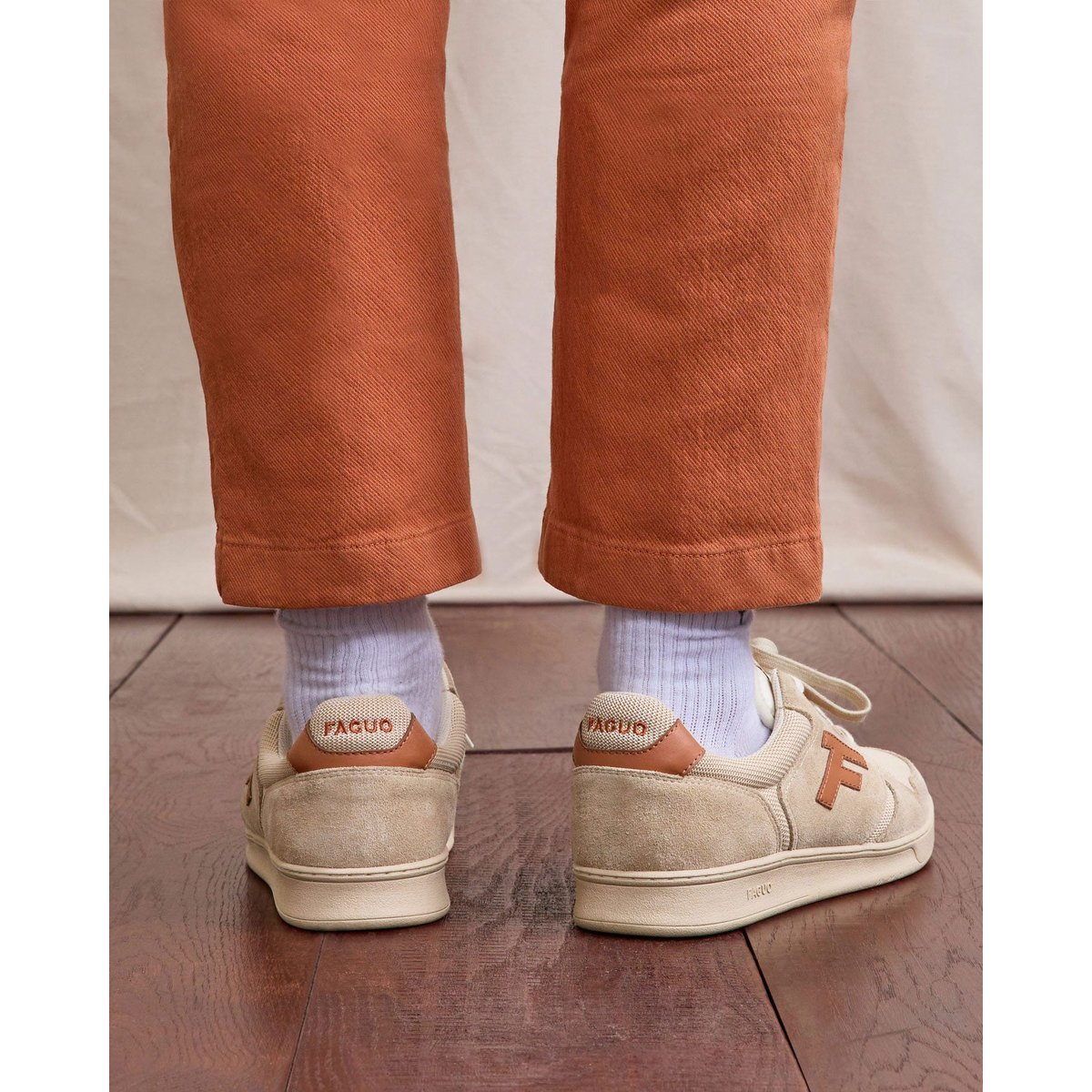 Baskets basses suede tissu PALMER beige et rouille, FAGUO
