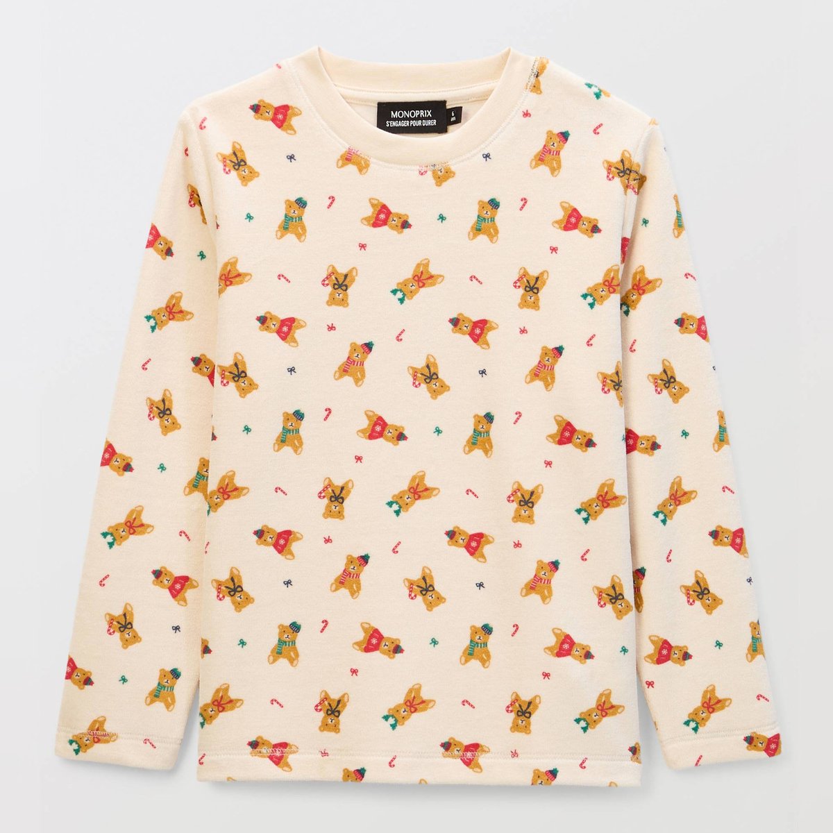 Pyjama manches longues imprimé en velours en coton BIO GOTS naturel, MONOPRIX