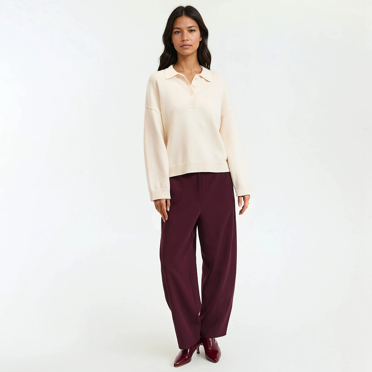 Pull col polo, en laine et coton mélangés beige, LA REDOUTE COLLECTIONS