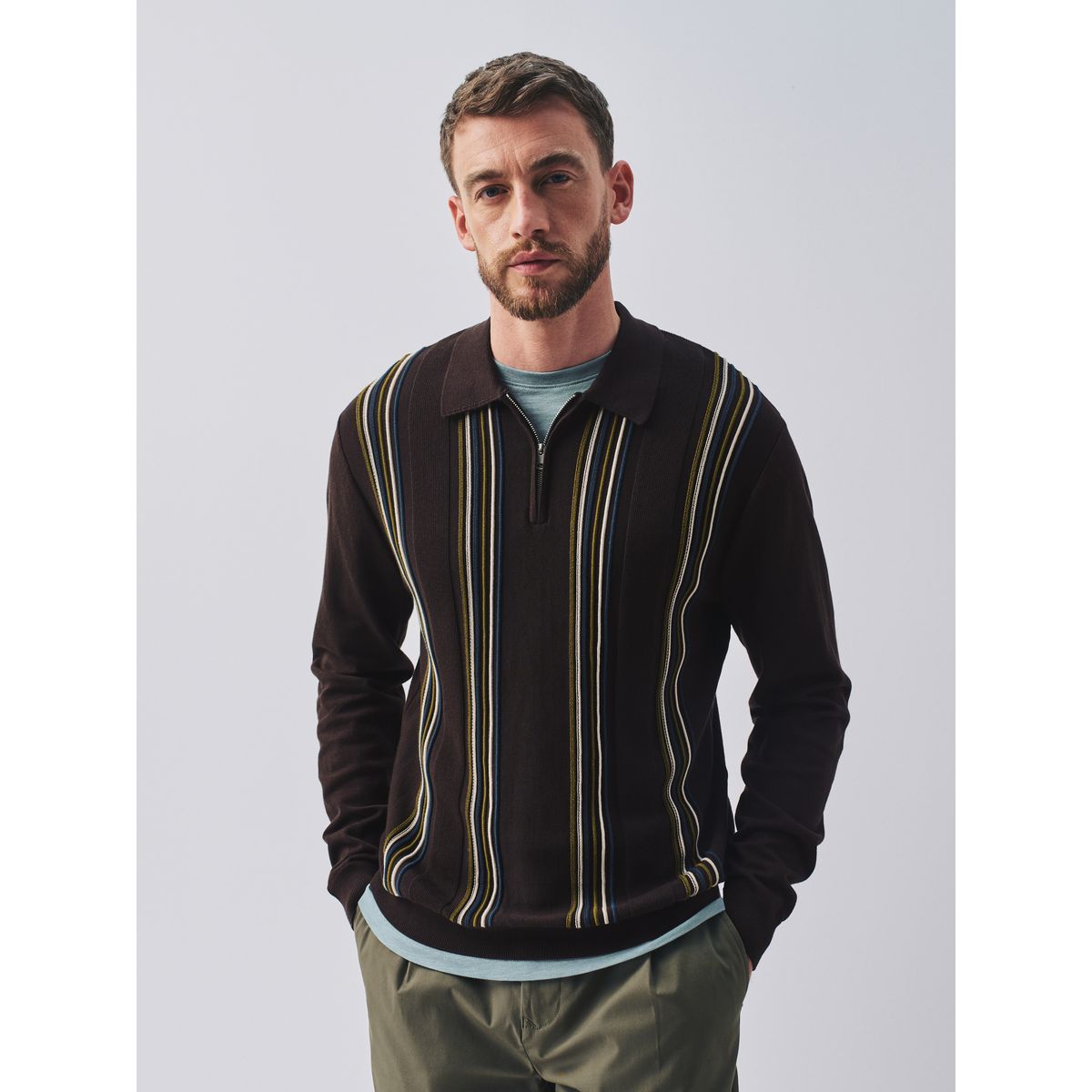 Polo en maille à rayures et col zippé marron, NEXT