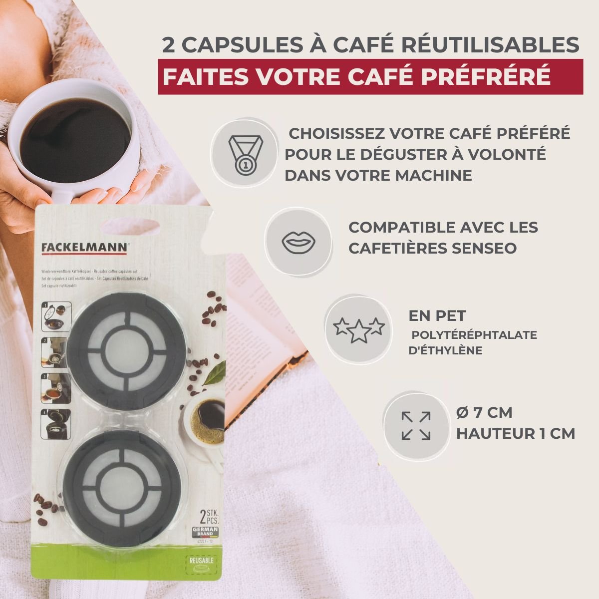 Ensemble de 4 capsules à café réemployables PETIT DÉJEUNER noir, FACKELMANN