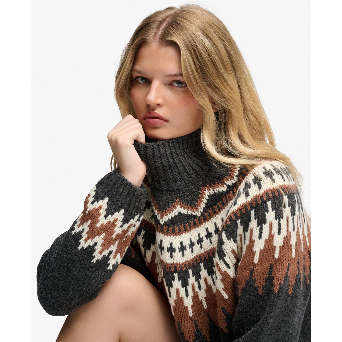 Pull à Col Montant Fairisle anthracite chiné, SUPERDRY