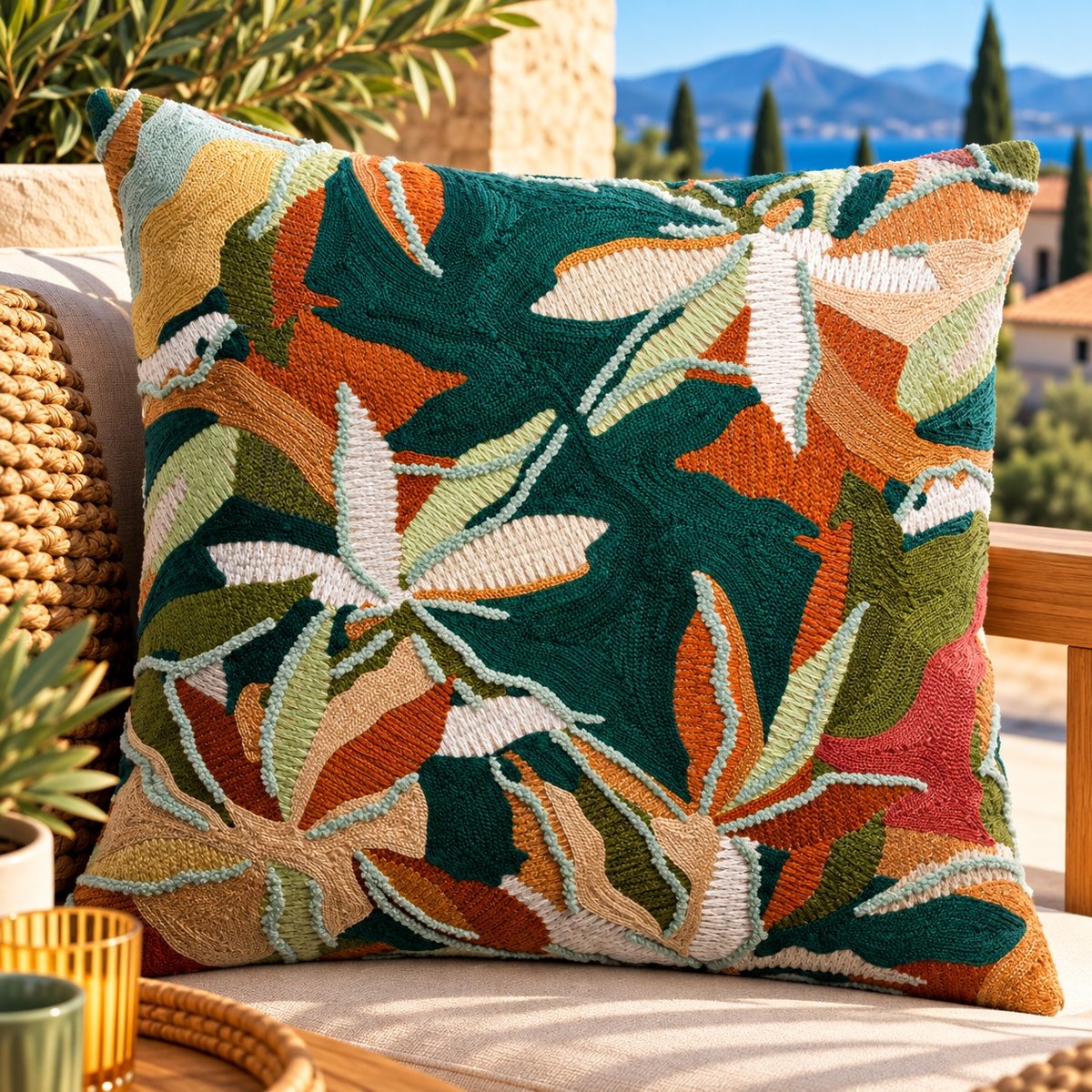 Coussin brodé Escale Singulière petrole, EDEN