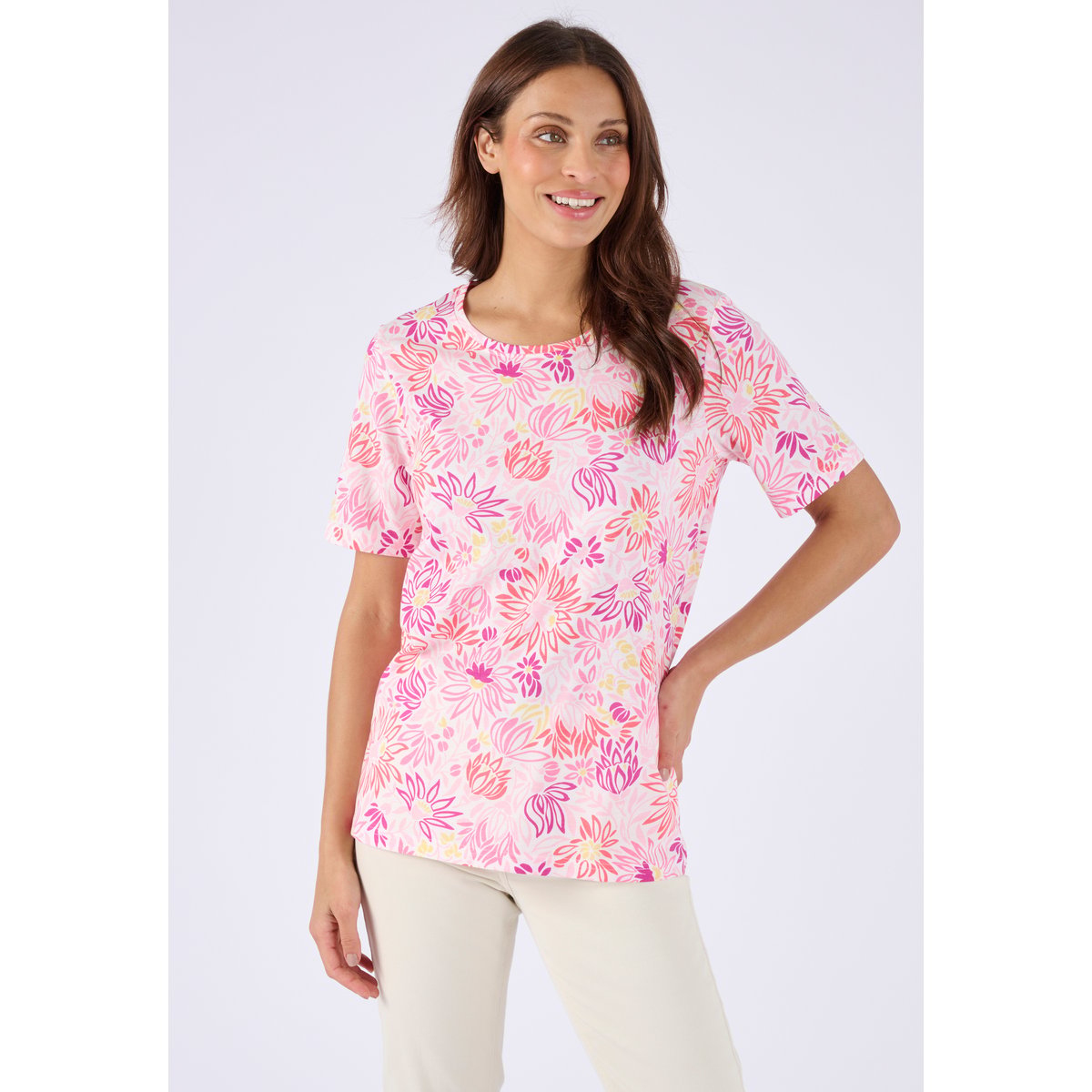 T-shirt imprimé pur coton rose fleuri, DAMART