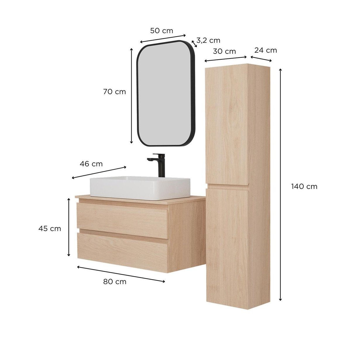 Ensemble meuble simple vasque 80 cm + vasque + robinet + miroir + colonne SORRENTO chêne, MOB IN