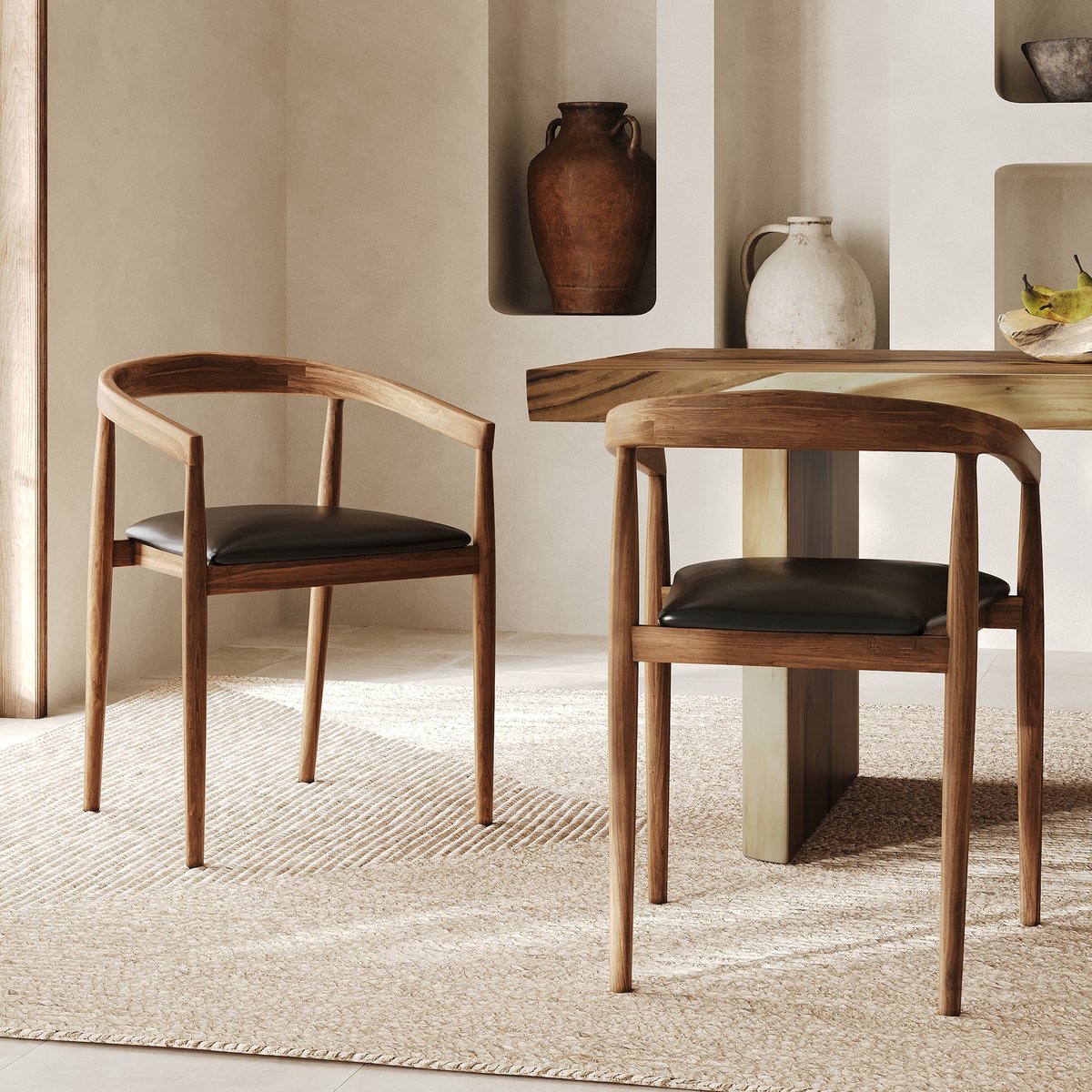 Lot de 2 chaises en bois de teck vernis et assise en cuir - BALI noir, MAISON PAVANE