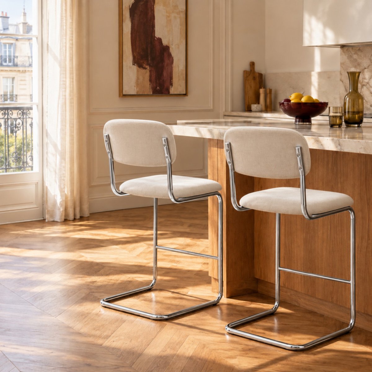Lot de 2 tabourets de bar en tissu pieds chrome H65cm - MARCEL beige, DRAWER