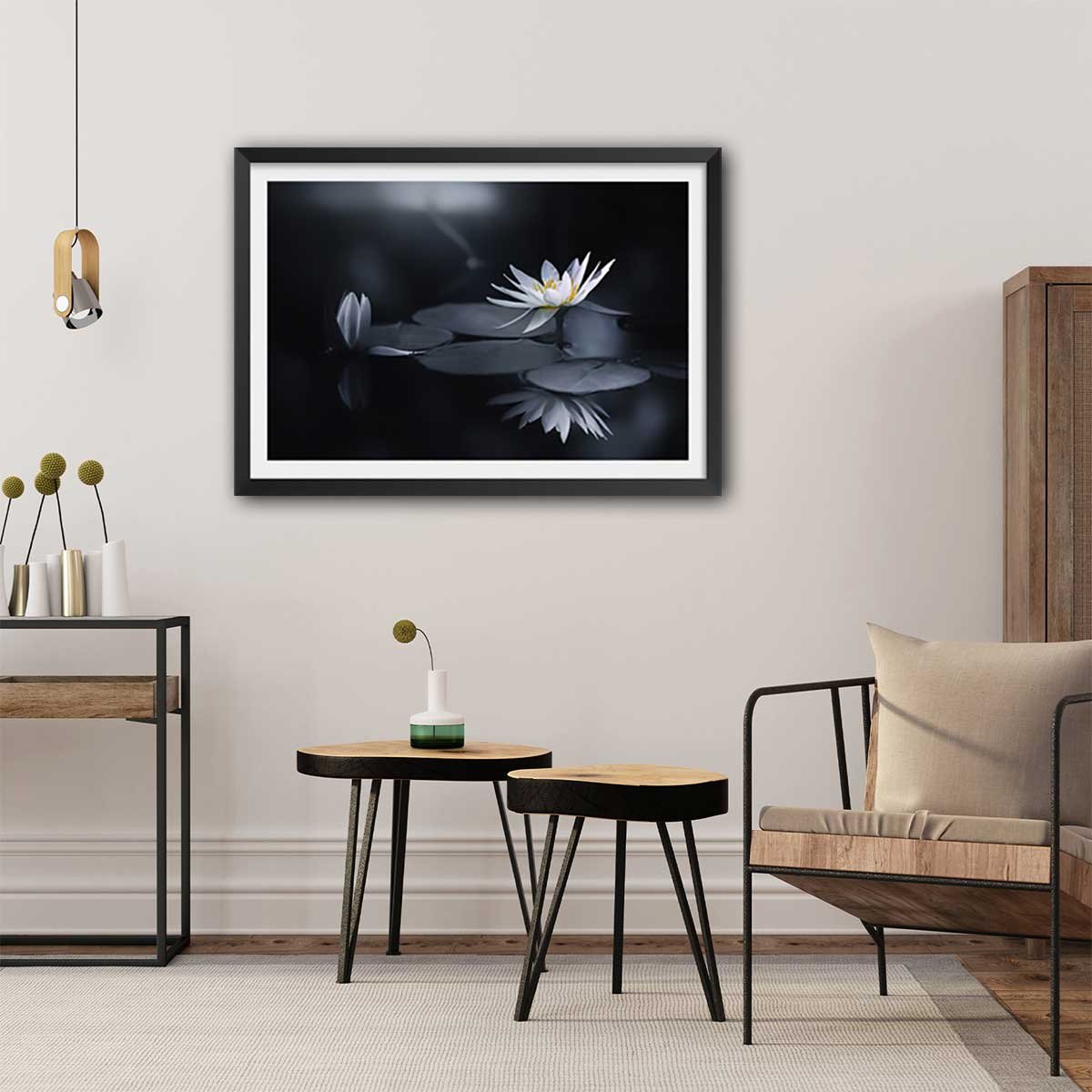 Affiche fleurs Alba nénuphar affiche + cadre en bois - noir, HEXOA