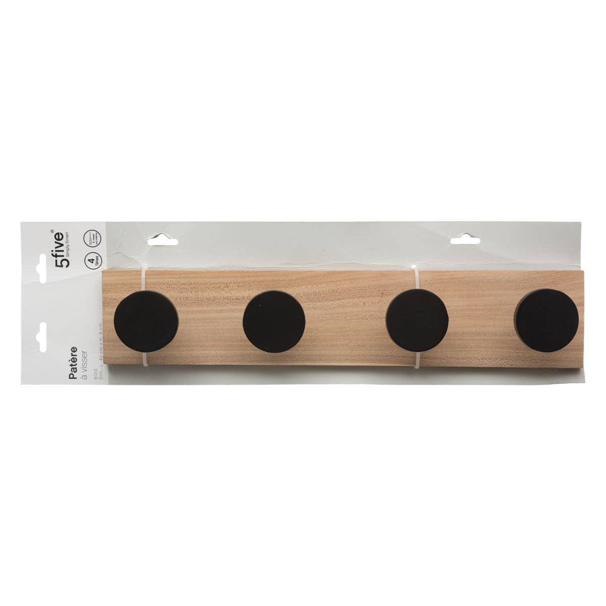 Patère murale 4 crochets en bois de pin ROUNDWOOD noir, 5FIVE SIMPLY SMART