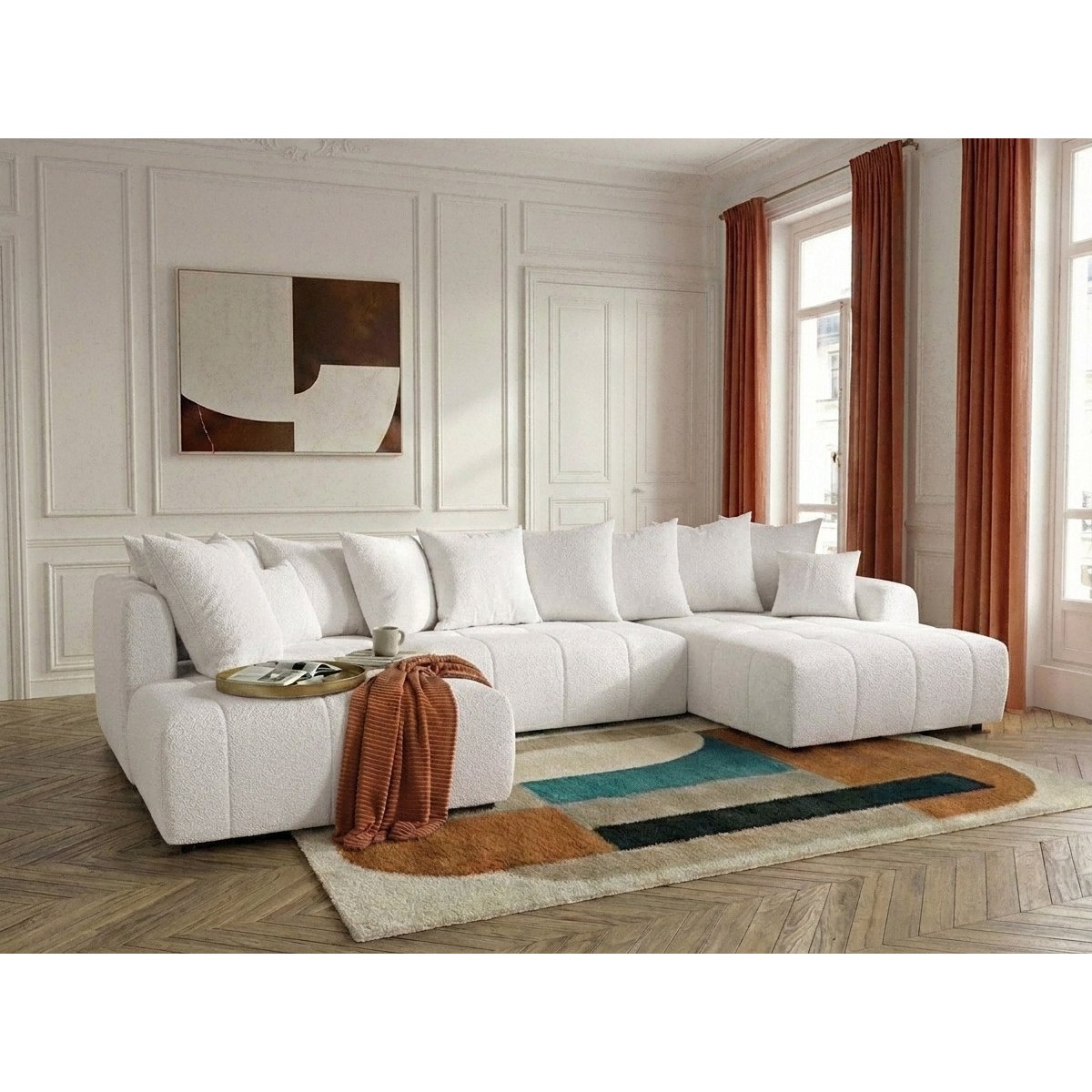 Canapé panoramique convertible 6 places en tissu bouclette, ROXELANE blanc, BOBOCHIC